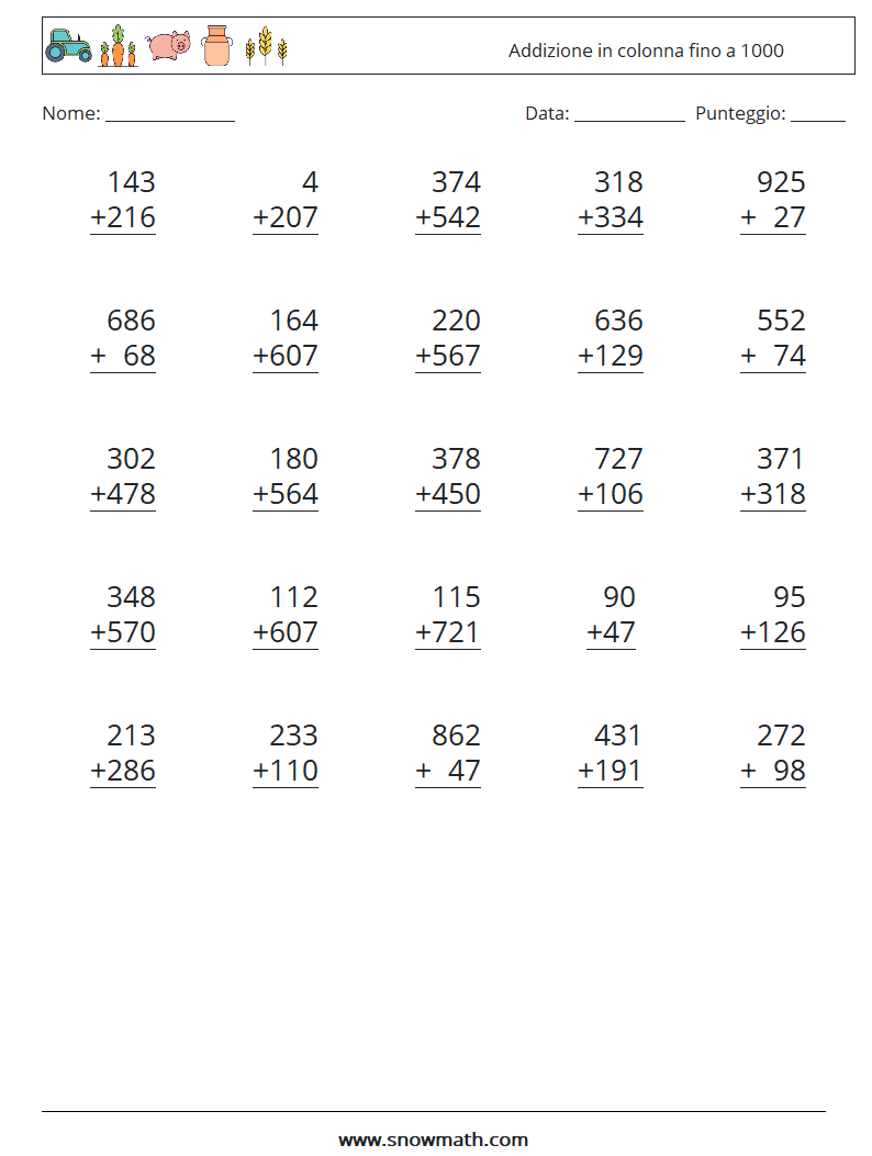(25) Addizione in colonna fino a 1000 Fogli di lavoro di matematica 14