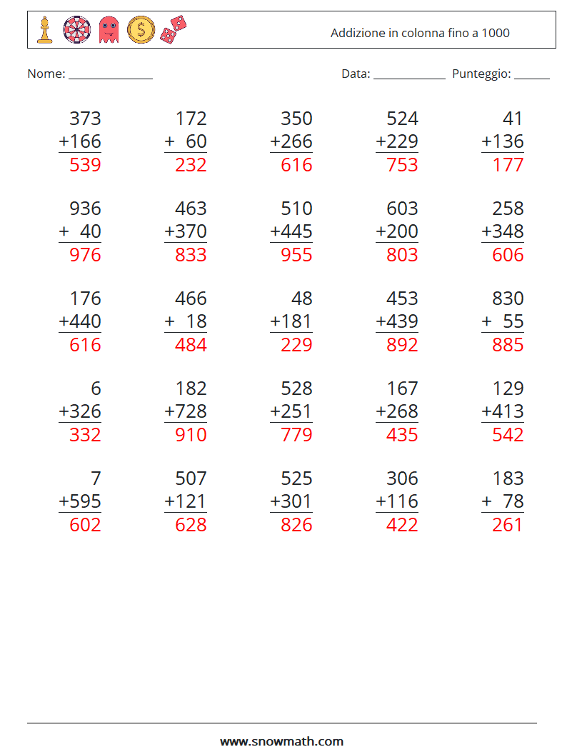 (25) Addizione in colonna fino a 1000 Fogli di lavoro di matematica 15 Domanda, Risposta