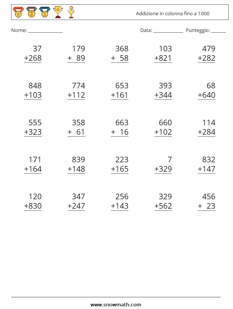 (25) Addizione in colonna fino a 1000 Fogli di lavoro di matematica 16