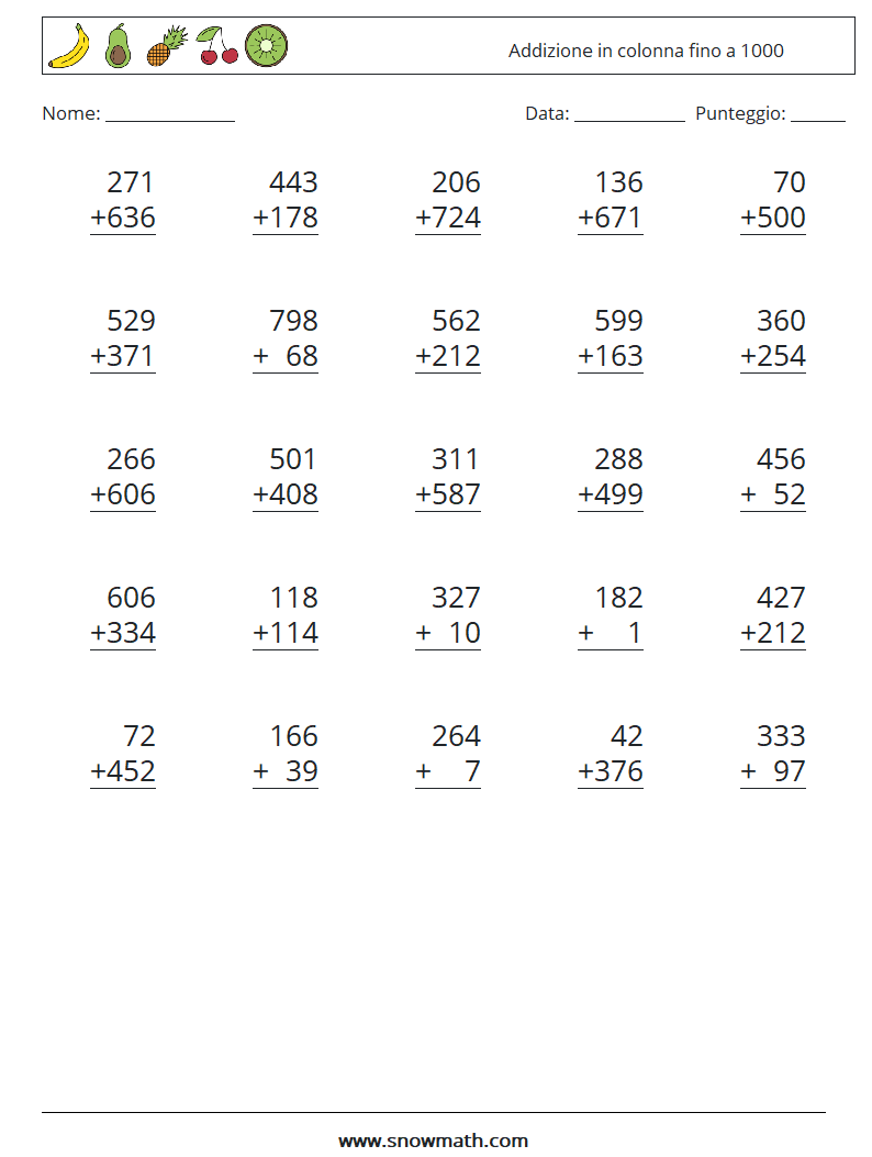 (25) Addizione in colonna fino a 1000 Fogli di lavoro di matematica 17