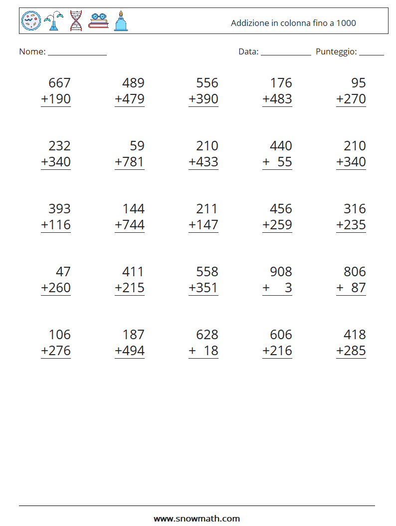 (25) Addizione in colonna fino a 1000 Fogli di lavoro di matematica 18