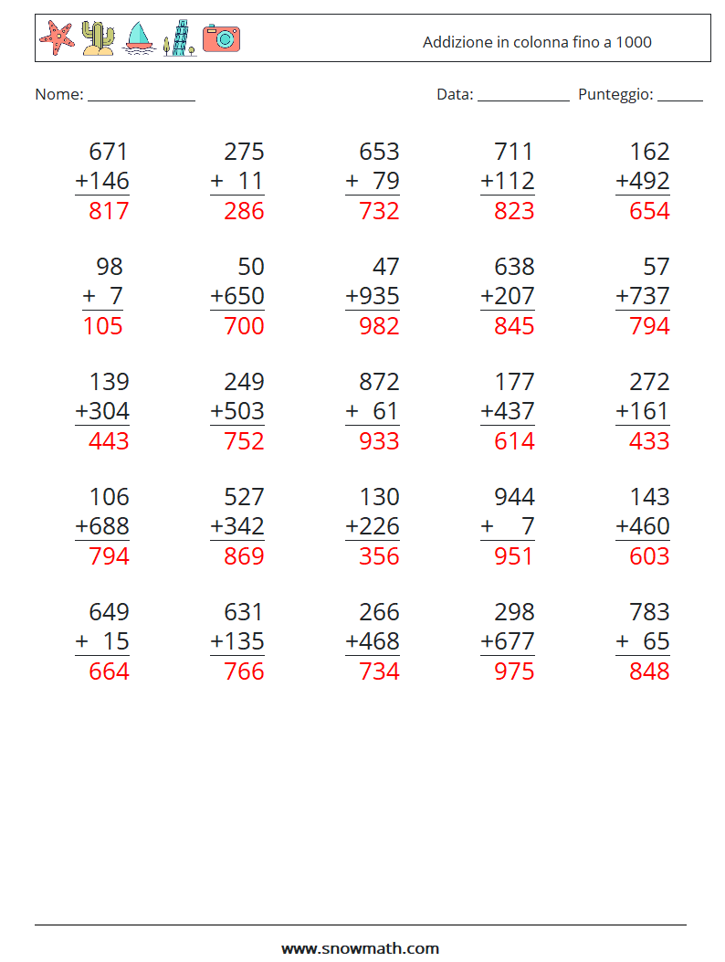 (25) Addizione in colonna fino a 1000 Fogli di lavoro di matematica 1 Domanda, Risposta