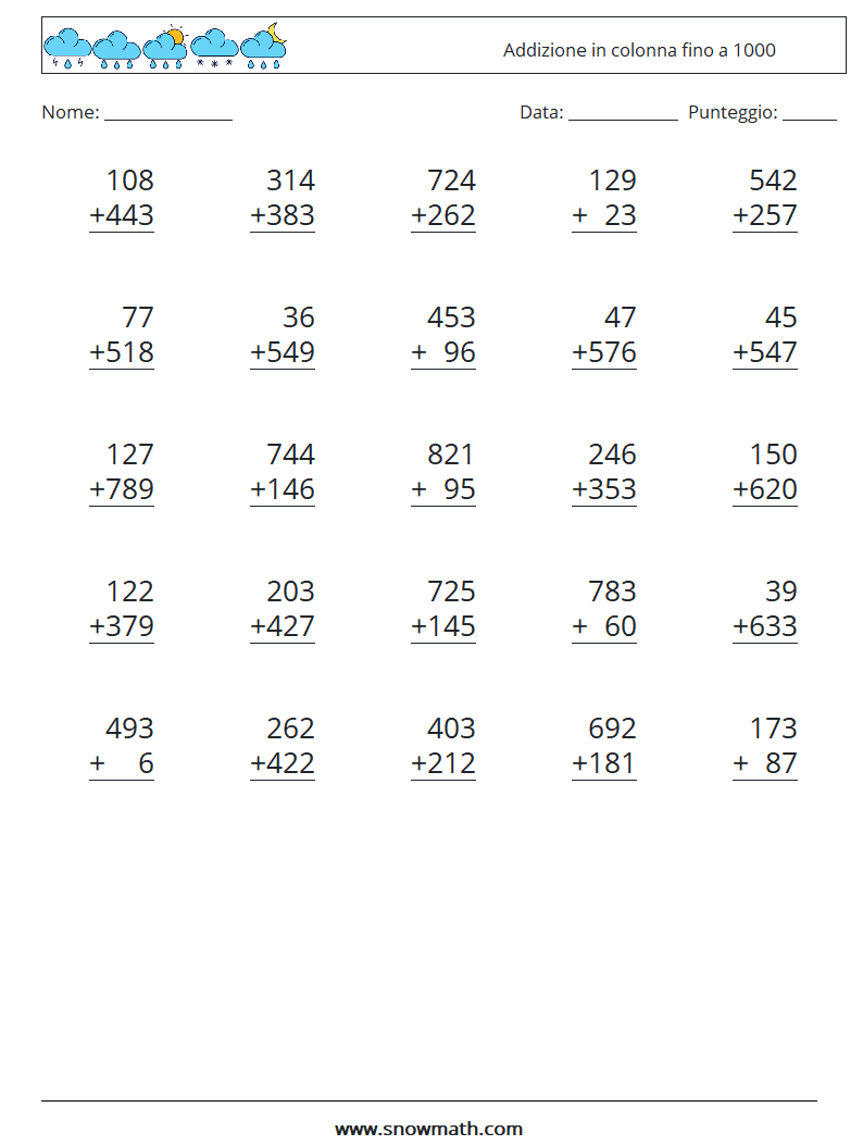 (25) Addizione in colonna fino a 1000 Fogli di lavoro di matematica 2