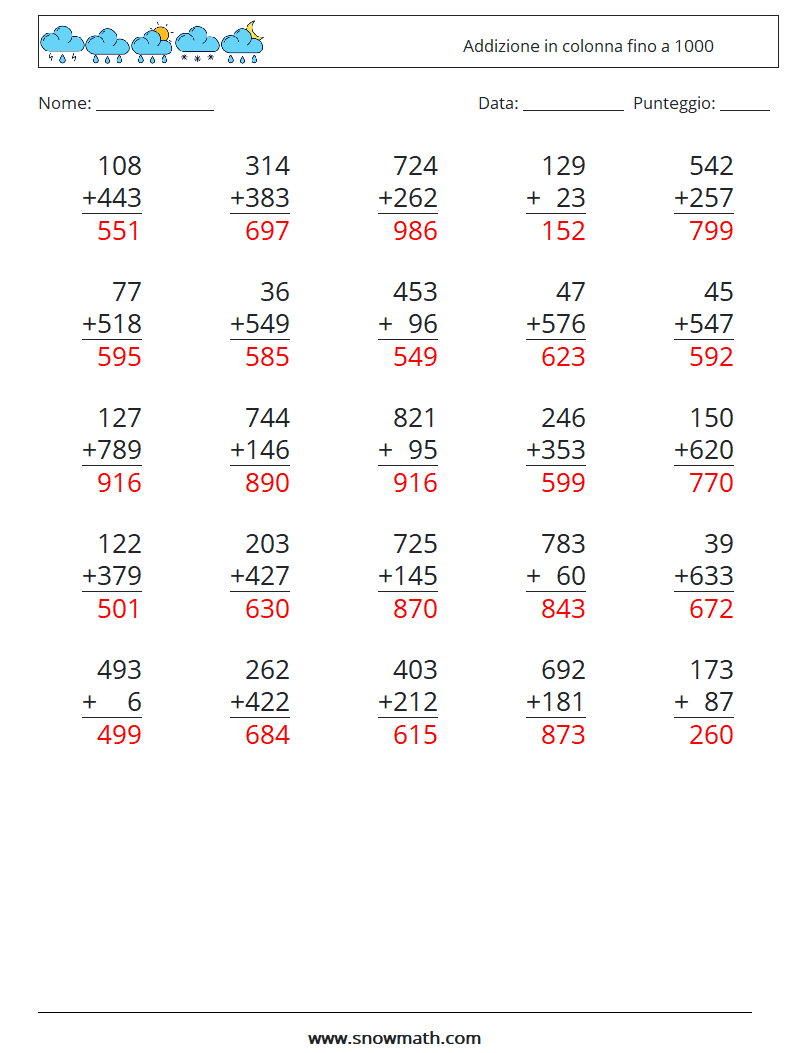 (25) Addizione in colonna fino a 1000 Fogli di lavoro di matematica 2 Domanda, Risposta