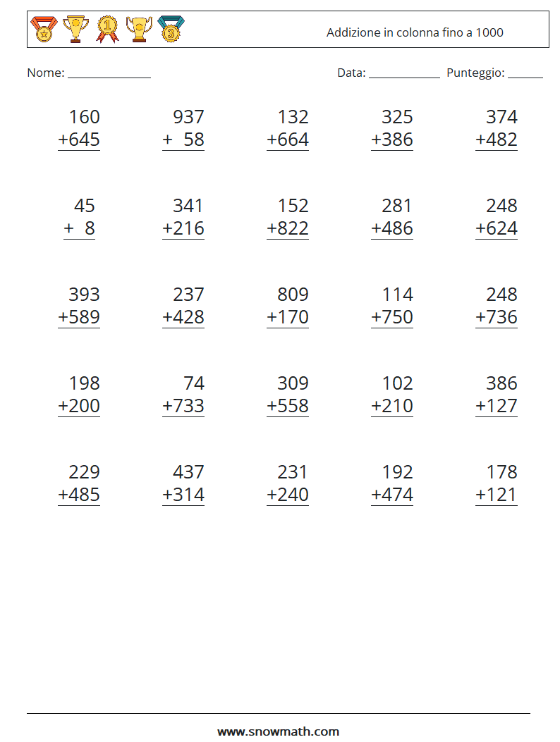 (25) Addizione in colonna fino a 1000 Fogli di lavoro di matematica 3