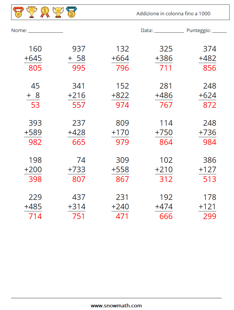 (25) Addizione in colonna fino a 1000 Fogli di lavoro di matematica 3 Domanda, Risposta