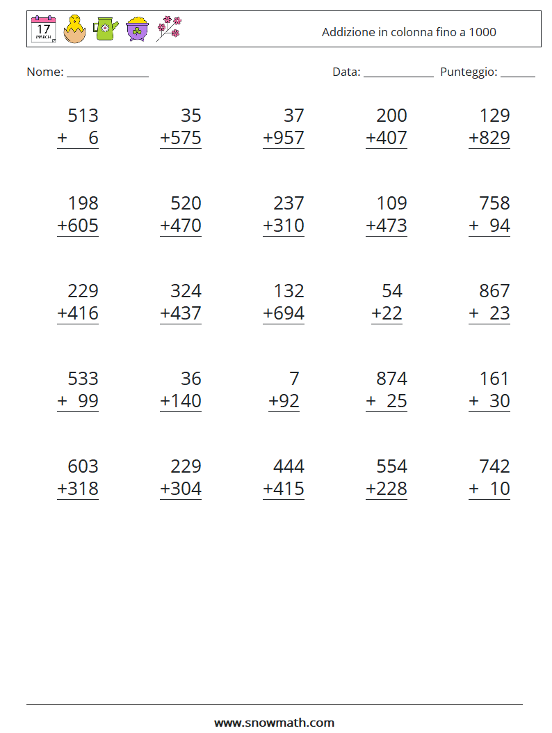 (25) Addizione in colonna fino a 1000 Fogli di lavoro di matematica 4