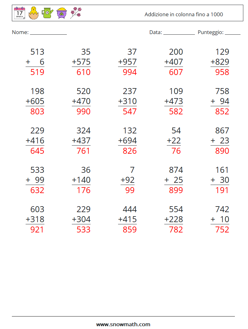 (25) Addizione in colonna fino a 1000 Fogli di lavoro di matematica 4 Domanda, Risposta