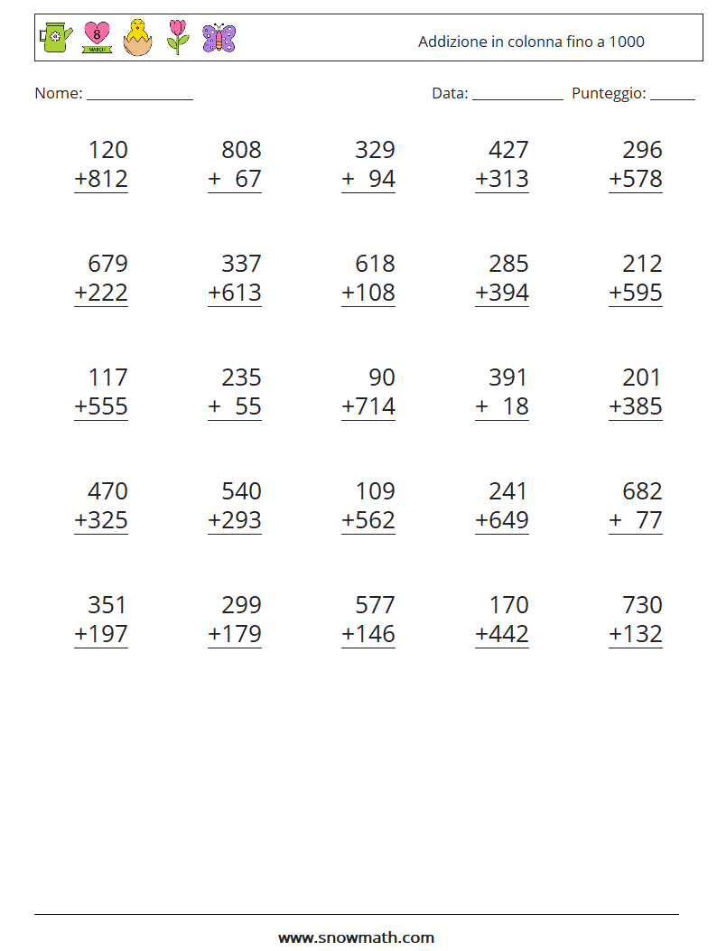 (25) Addizione in colonna fino a 1000 Fogli di lavoro di matematica 5