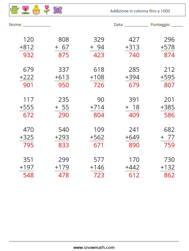 (25) Addizione in colonna fino a 1000 Fogli di lavoro di matematica 5 Domanda, Risposta