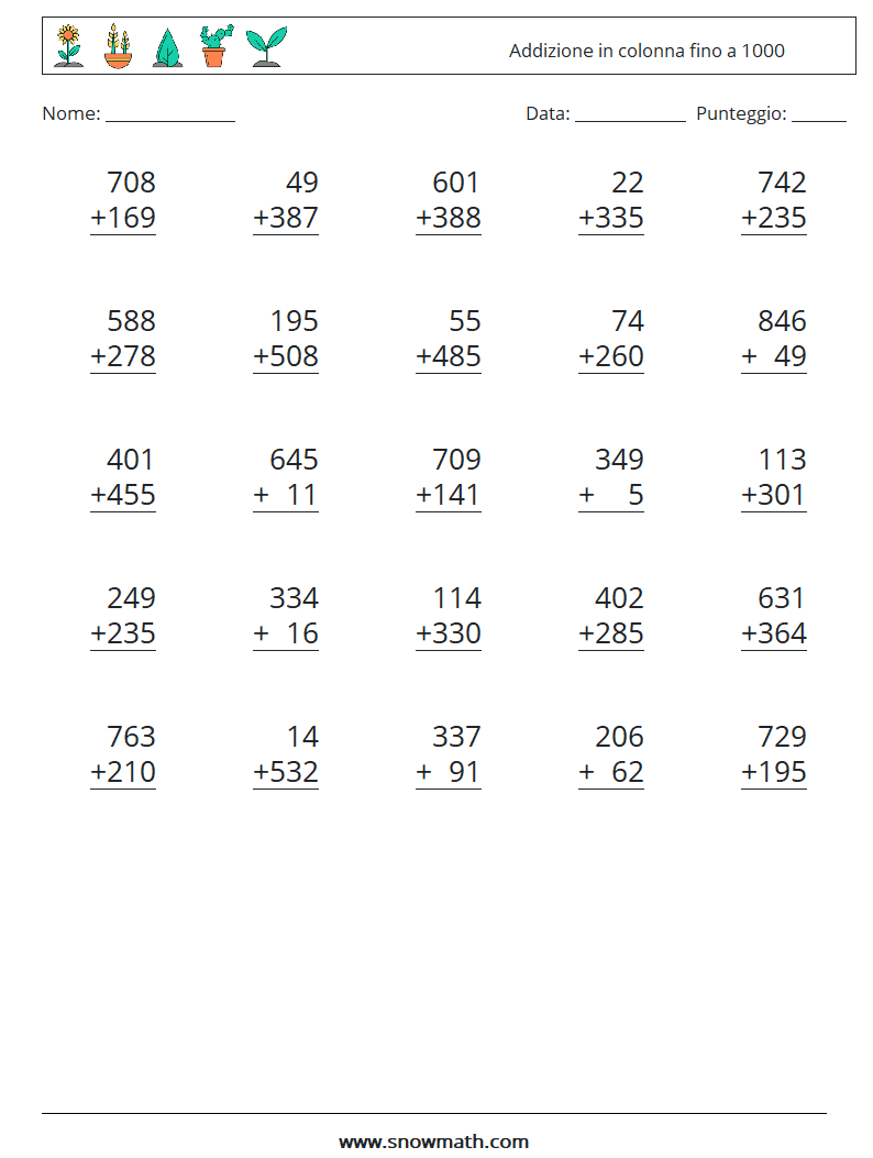 (25) Addizione in colonna fino a 1000 Fogli di lavoro di matematica 6