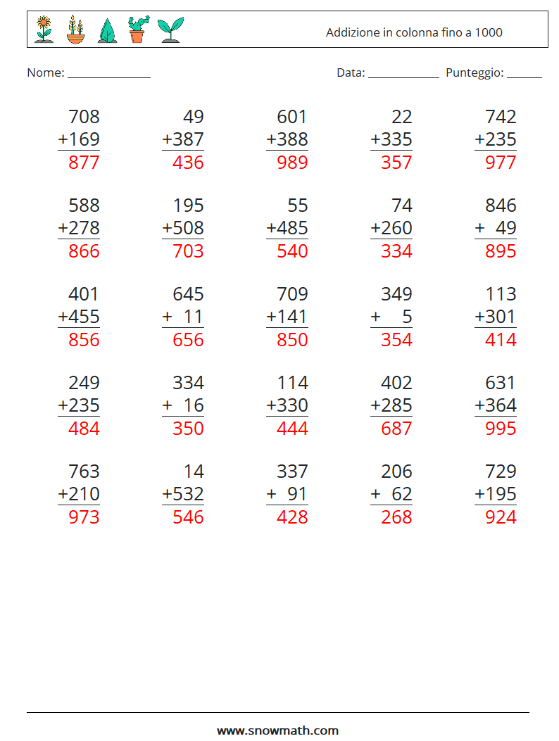 (25) Addizione in colonna fino a 1000 Fogli di lavoro di matematica 6 Domanda, Risposta