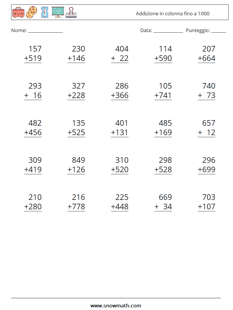 (25) Addizione in colonna fino a 1000 Fogli di lavoro di matematica 7