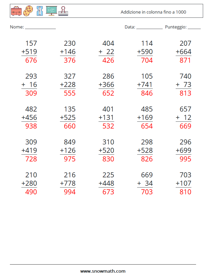 (25) Addizione in colonna fino a 1000 Fogli di lavoro di matematica 7 Domanda, Risposta