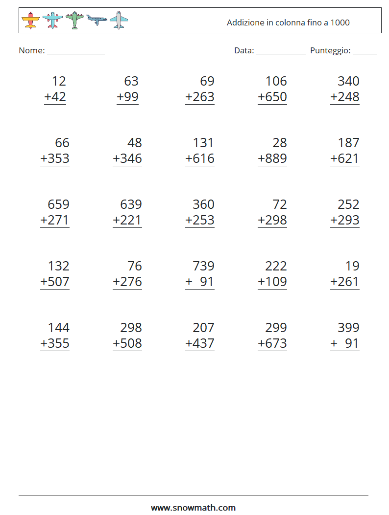 (25) Addizione in colonna fino a 1000 Fogli di lavoro di matematica 8