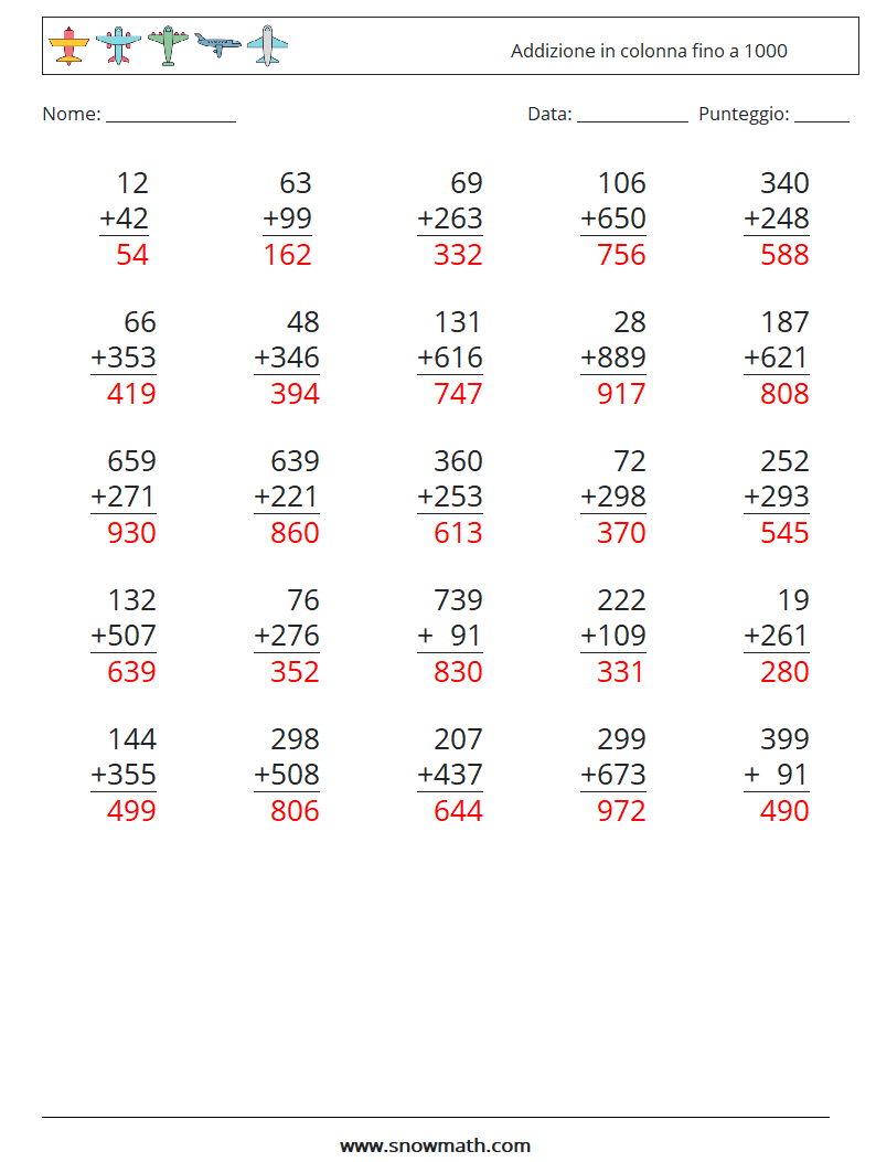 (25) Addizione in colonna fino a 1000 Fogli di lavoro di matematica 8 Domanda, Risposta