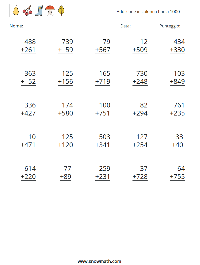 (25) Addizione in colonna fino a 1000 Fogli di lavoro di matematica 9