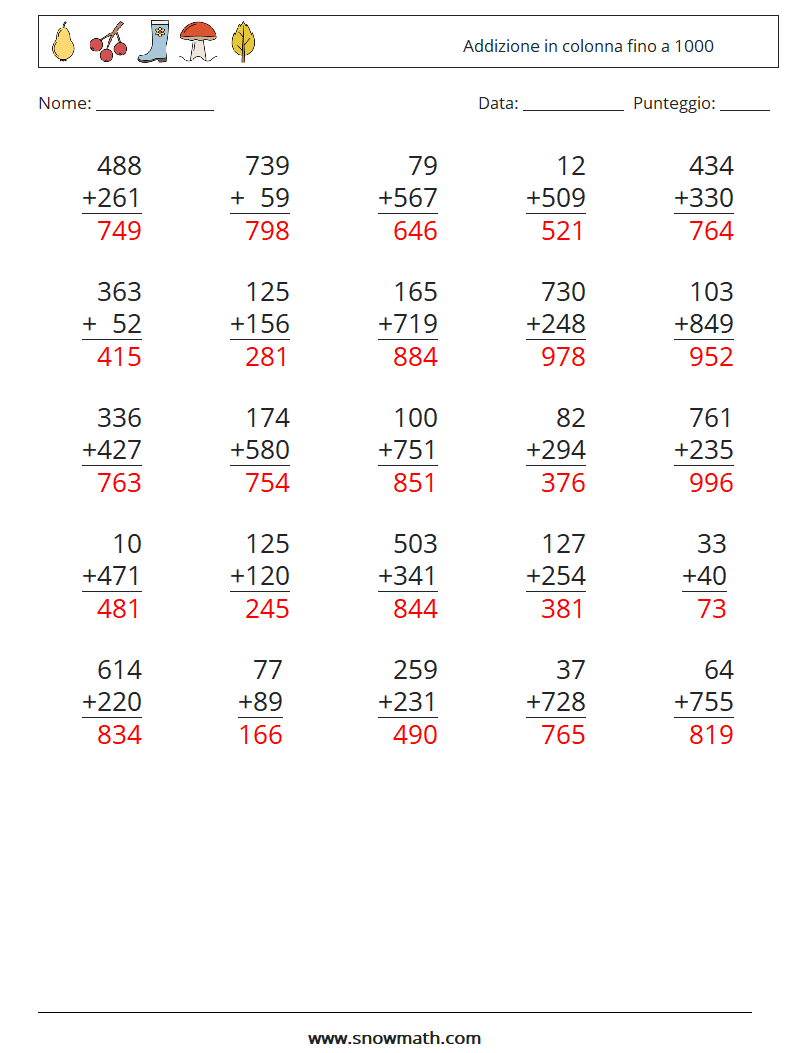 (25) Addizione in colonna fino a 1000 Fogli di lavoro di matematica 9 Domanda, Risposta