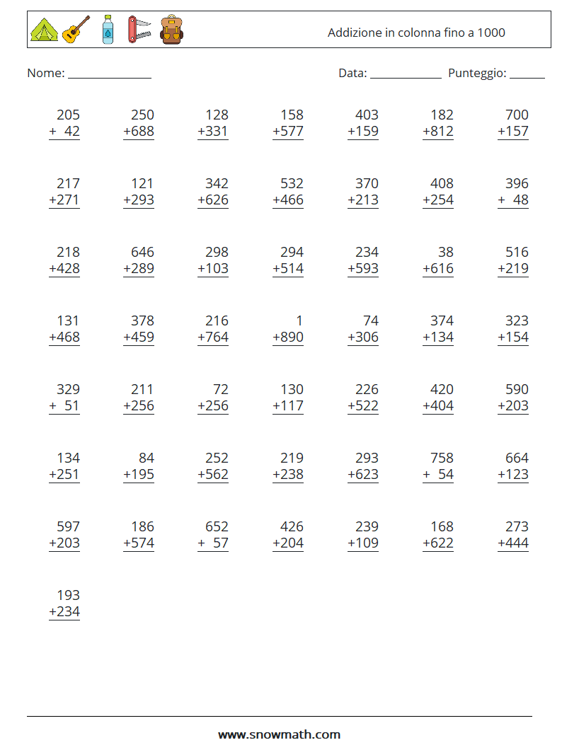 (50) Addizione in colonna fino a 1000 Fogli di lavoro di matematica 1