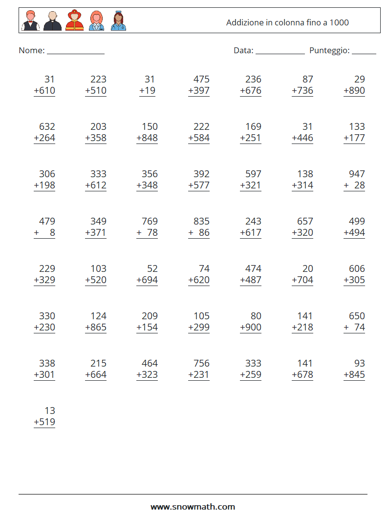 (50) Addizione in colonna fino a 1000 Fogli di lavoro di matematica 10