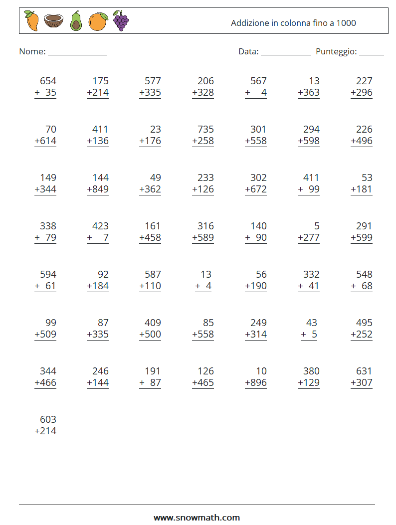 (50) Addizione in colonna fino a 1000 Fogli di lavoro di matematica 11