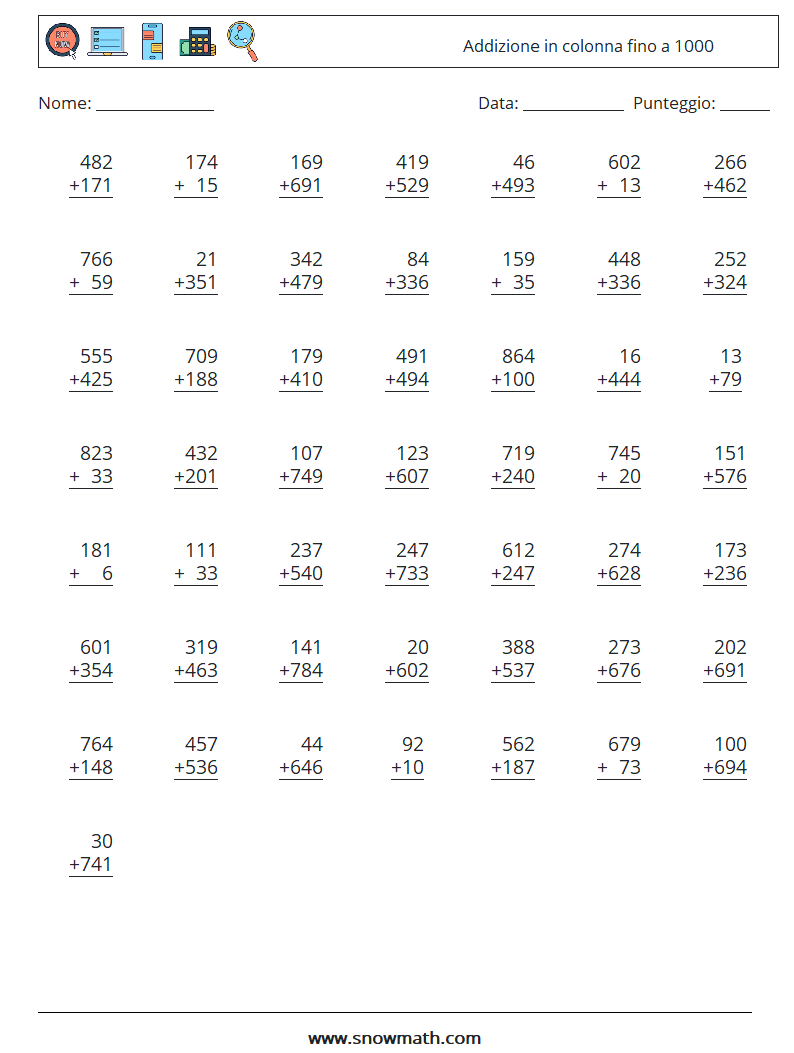 (50) Addizione in colonna fino a 1000 Fogli di lavoro di matematica 12