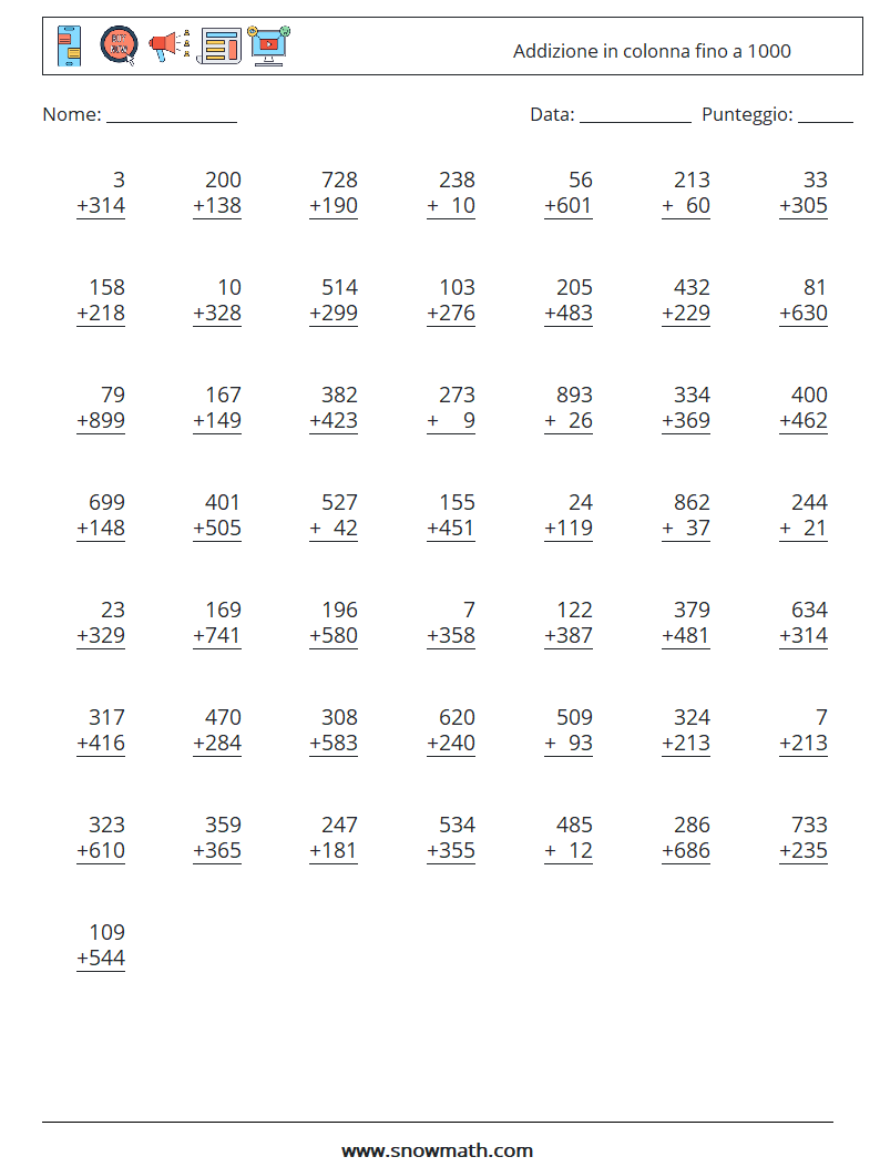 (50) Addizione in colonna fino a 1000 Fogli di lavoro di matematica 13