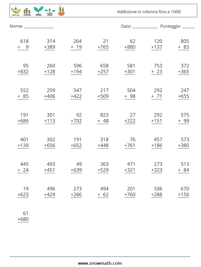 (50) Addizione in colonna fino a 1000 Fogli di lavoro di matematica 14