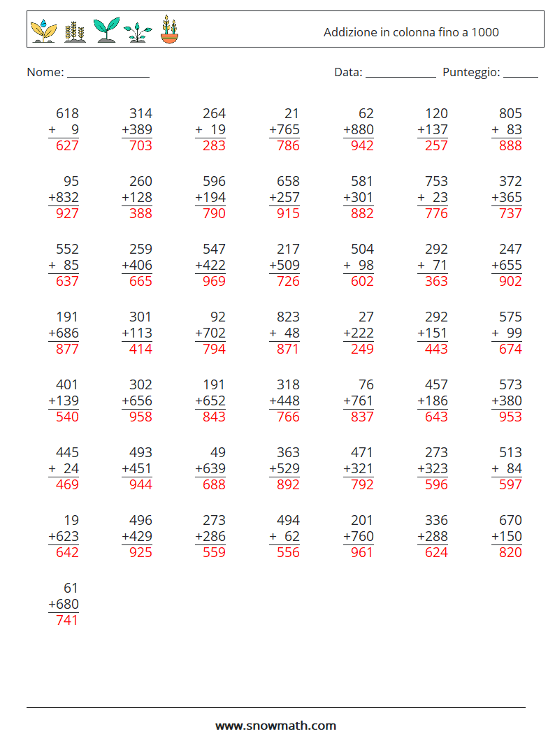 (50) Addizione in colonna fino a 1000 Fogli di lavoro di matematica 14 Domanda, Risposta