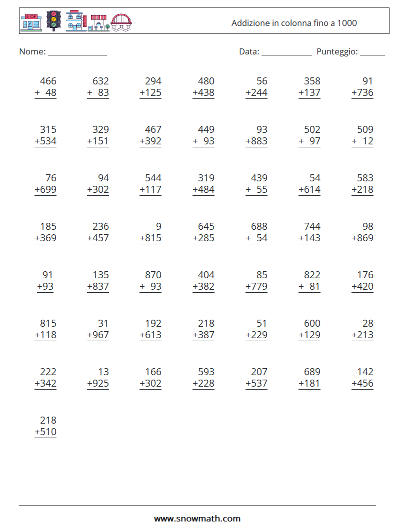 (50) Addizione in colonna fino a 1000 Fogli di lavoro di matematica 15