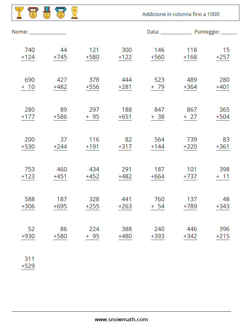 (50) Addizione in colonna fino a 1000 Fogli di lavoro di matematica 16