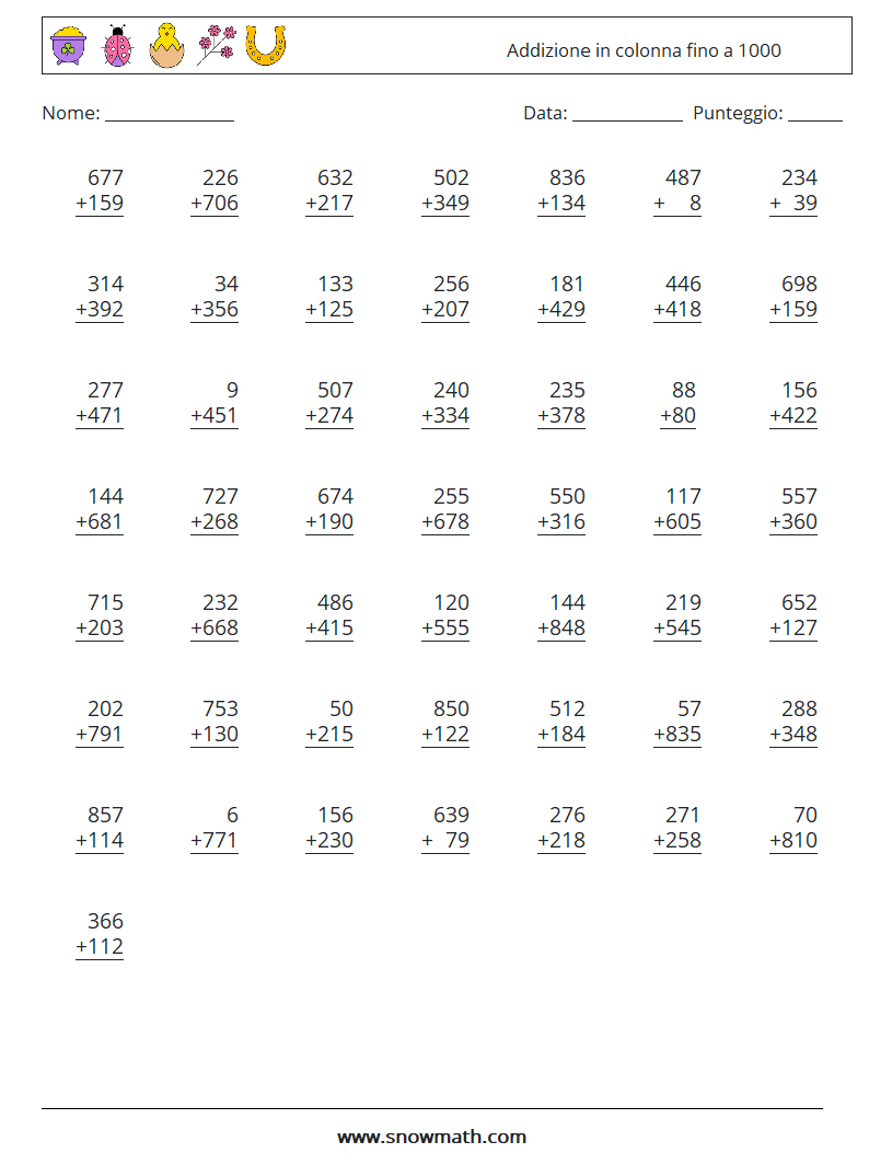 (50) Addizione in colonna fino a 1000 Fogli di lavoro di matematica 17