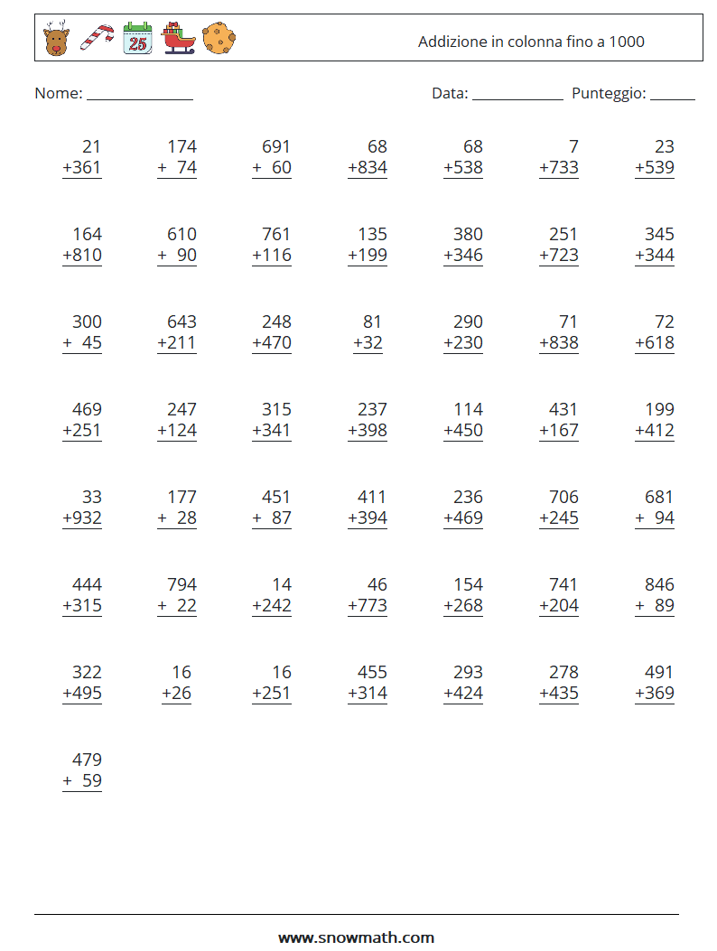 (50) Addizione in colonna fino a 1000 Fogli di lavoro di matematica 18