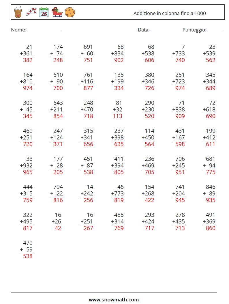 (50) Addizione in colonna fino a 1000 Fogli di lavoro di matematica 18 Domanda, Risposta