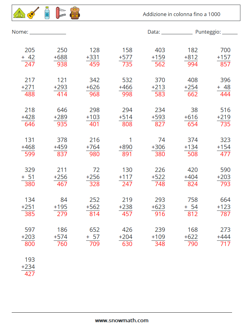 (50) Addizione in colonna fino a 1000 Fogli di lavoro di matematica 1 Domanda, Risposta