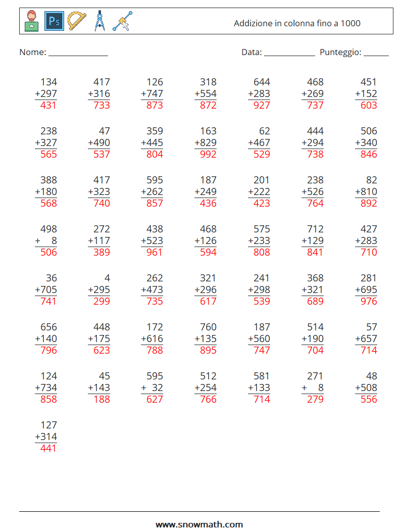 (50) Addizione in colonna fino a 1000 Fogli di lavoro di matematica 2 Domanda, Risposta