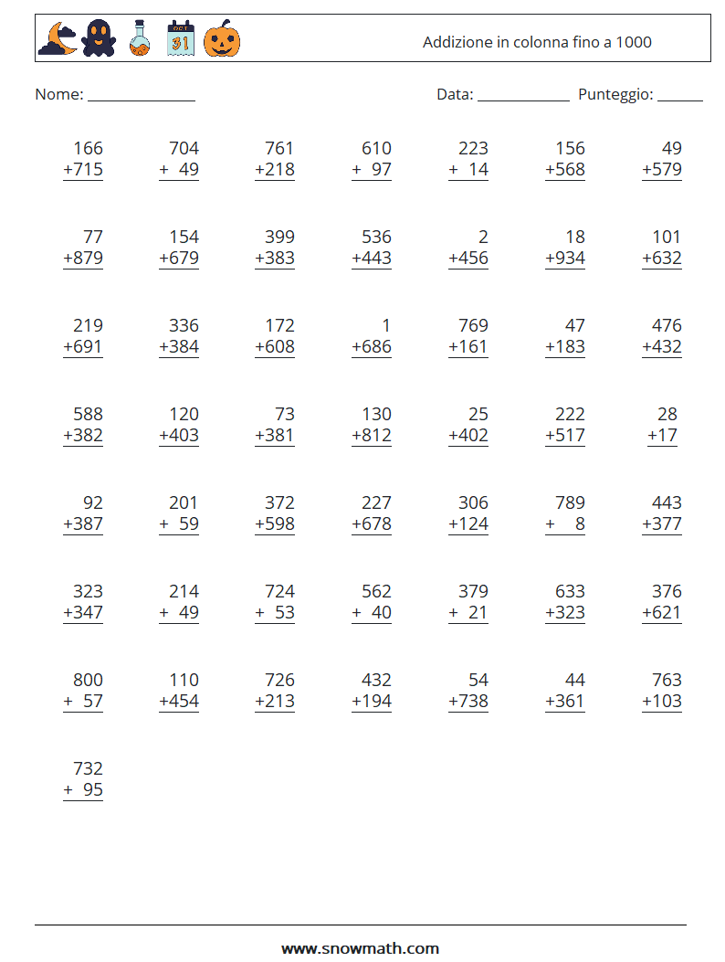(50) Addizione in colonna fino a 1000 Fogli di lavoro di matematica 3
