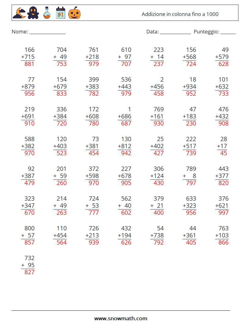 (50) Addizione in colonna fino a 1000 Fogli di lavoro di matematica 3 Domanda, Risposta