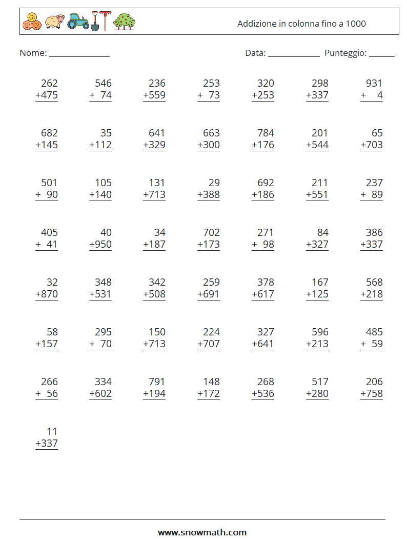 (50) Addizione in colonna fino a 1000 Fogli di lavoro di matematica 4