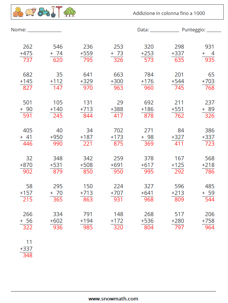 (50) Addizione in colonna fino a 1000 Fogli di lavoro di matematica 4 Domanda, Risposta