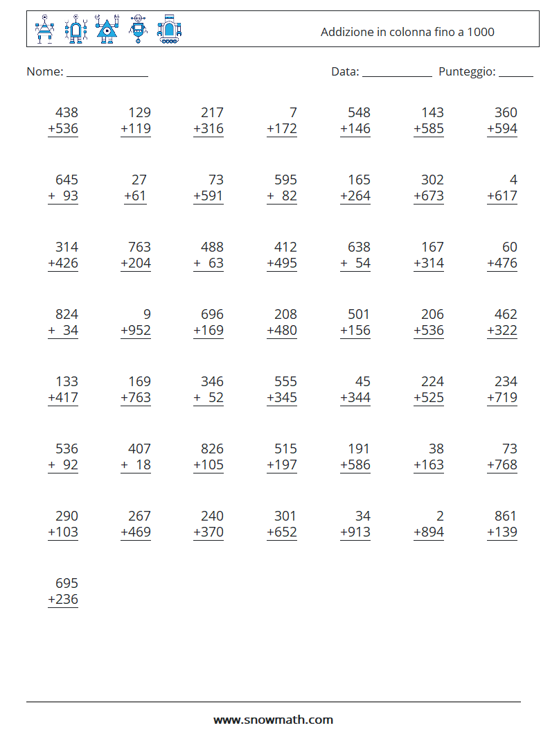 (50) Addizione in colonna fino a 1000 Fogli di lavoro di matematica 5