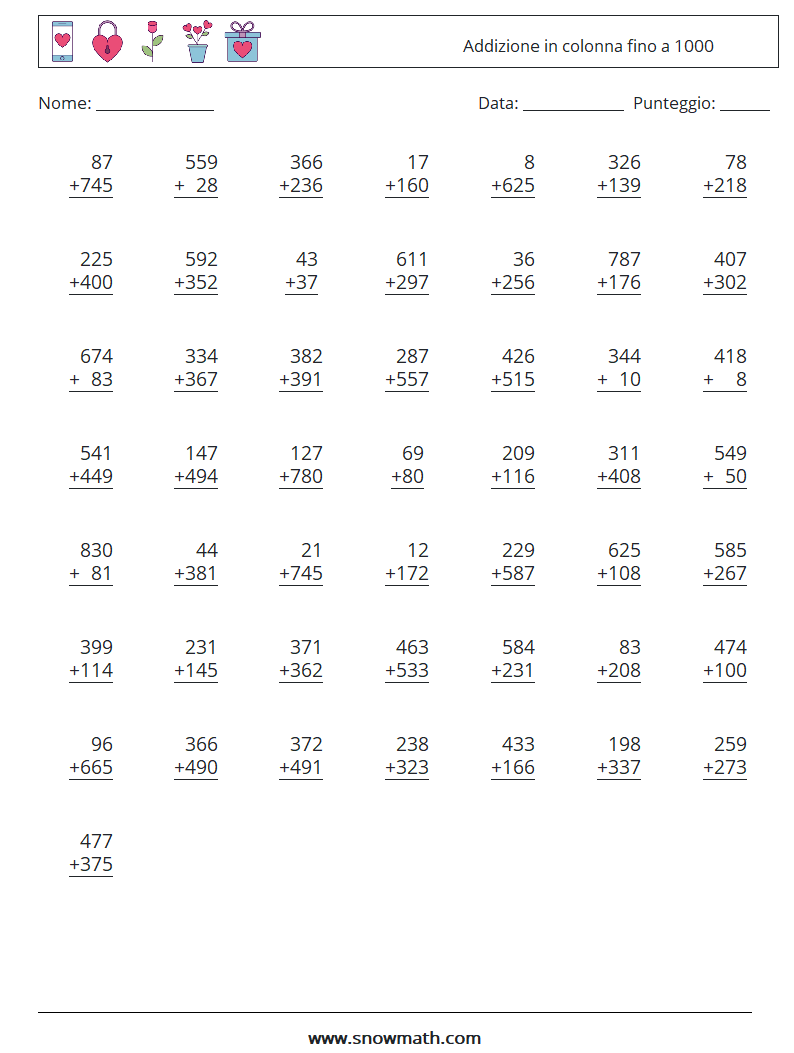 (50) Addizione in colonna fino a 1000 Fogli di lavoro di matematica 6