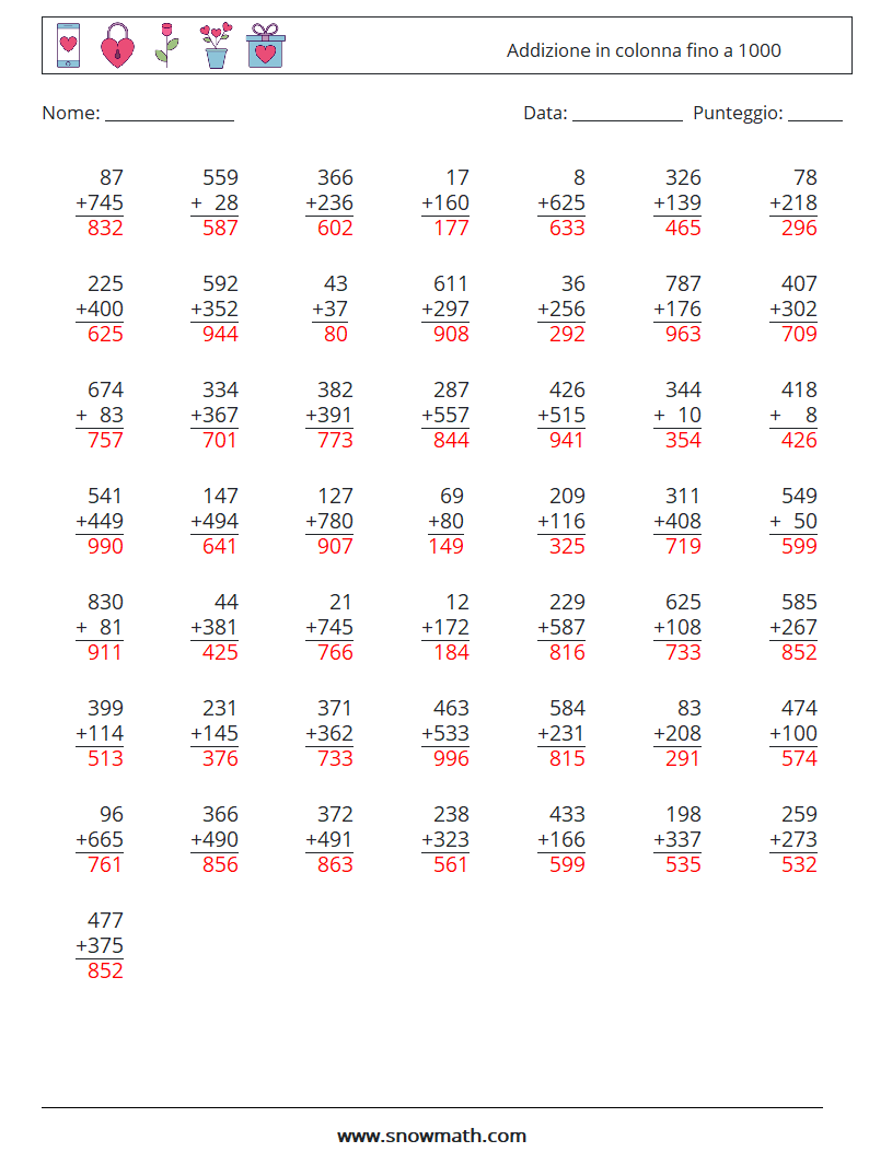 (50) Addizione in colonna fino a 1000 Fogli di lavoro di matematica 6 Domanda, Risposta