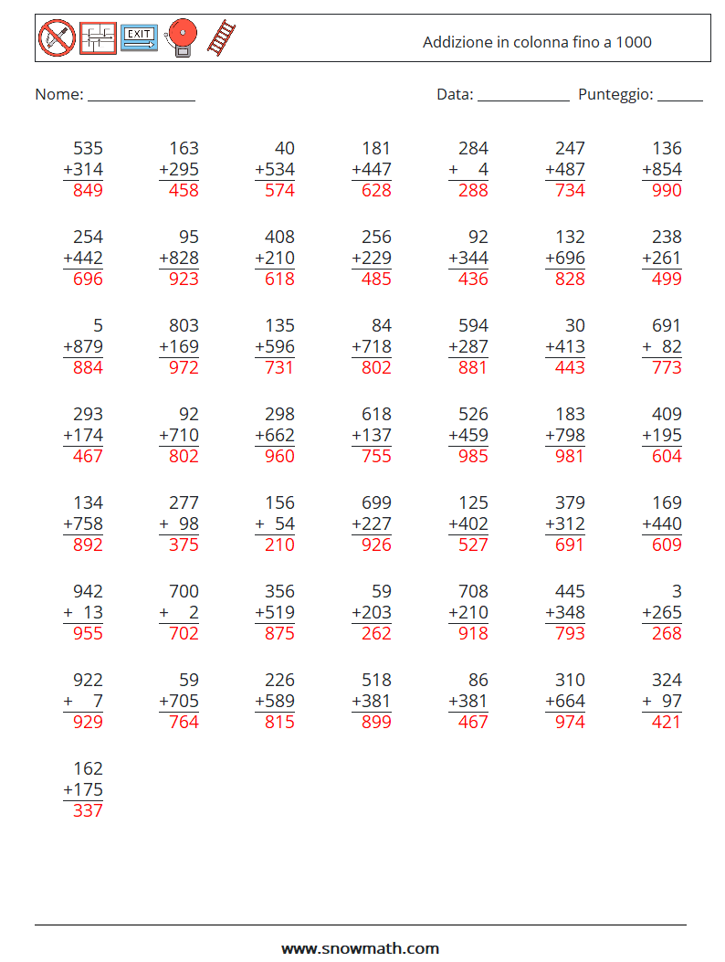 (50) Addizione in colonna fino a 1000 Fogli di lavoro di matematica 7 Domanda, Risposta