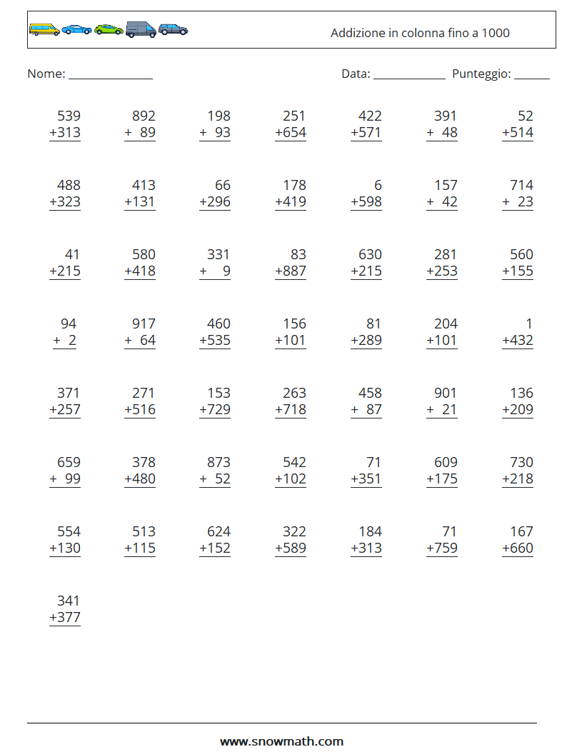 (50) Addizione in colonna fino a 1000 Fogli di lavoro di matematica 8