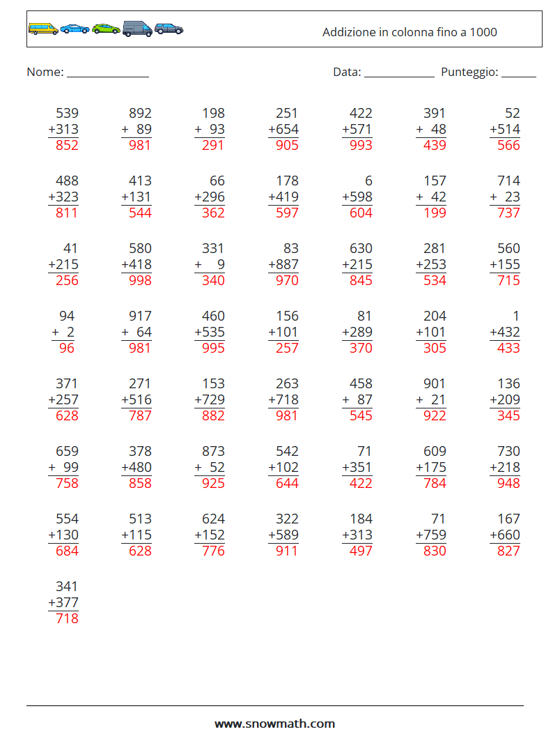 (50) Addizione in colonna fino a 1000 Fogli di lavoro di matematica 8 Domanda, Risposta