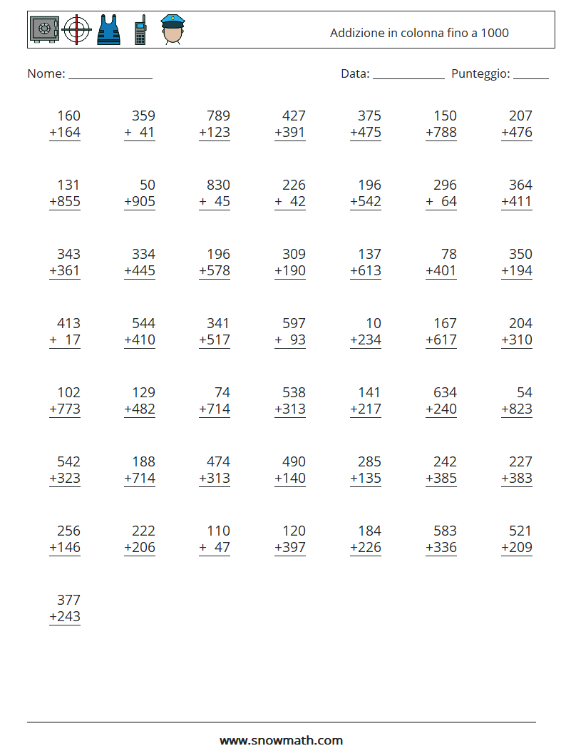 (50) Addizione in colonna fino a 1000 Fogli di lavoro di matematica 9