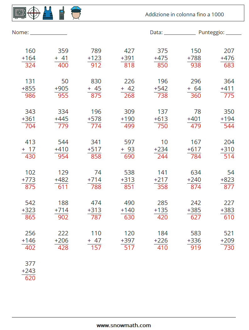 (50) Addizione in colonna fino a 1000 Fogli di lavoro di matematica 9 Domanda, Risposta