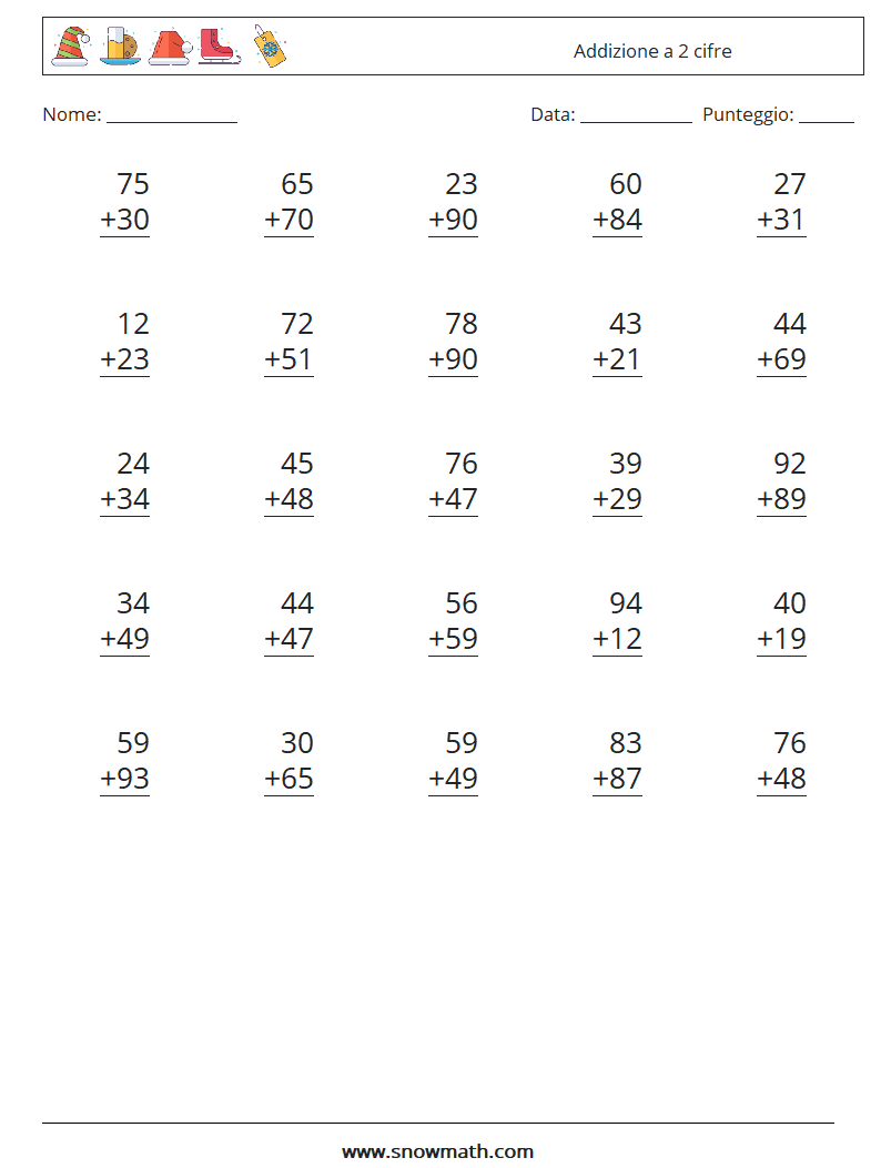 (25) Addizione a 2 cifre Fogli di lavoro di matematica 1