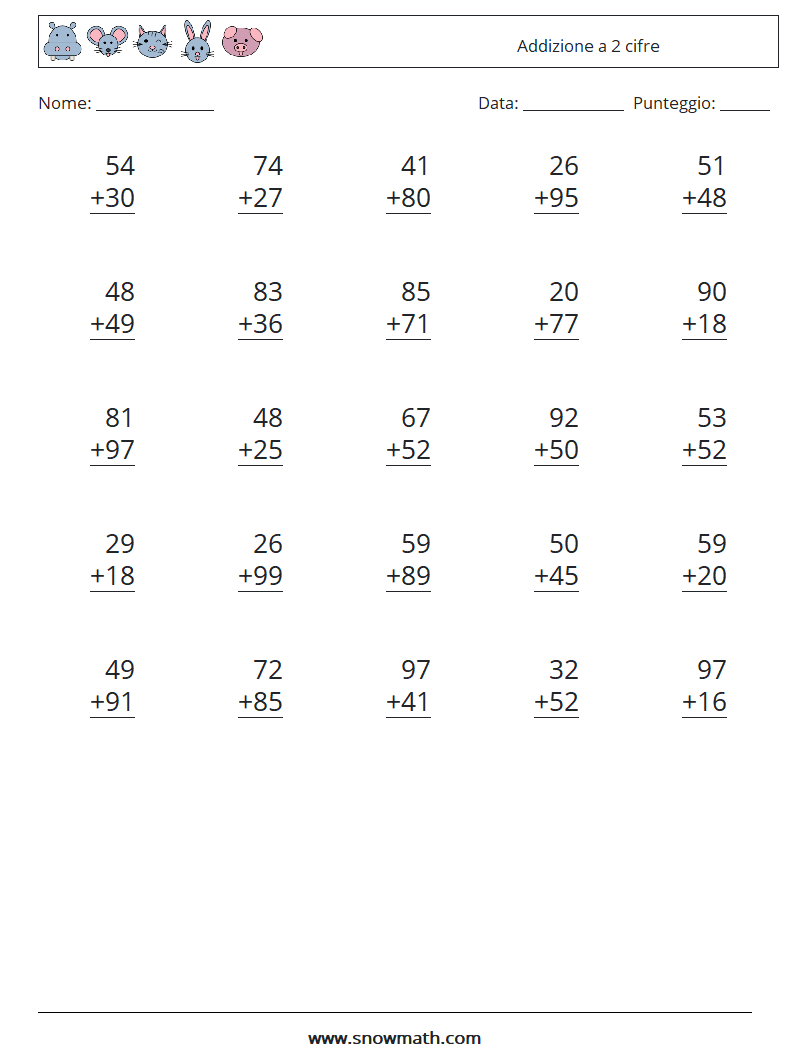 (25) Addizione a 2 cifre Fogli di lavoro di matematica 10